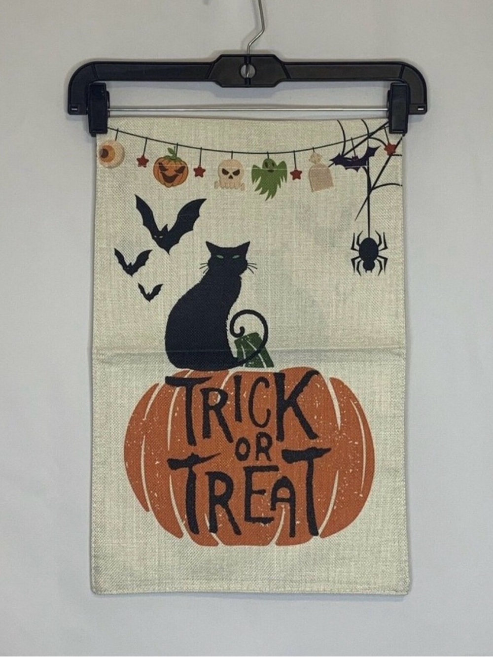 Halloween Trick or Treat Pumpkin Garden Flag with Black Cat